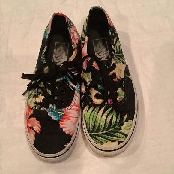 VANS Authentic Hawaiian floral print skater shoe black in GUC shows wear W6.5 - Picture 3 of 9